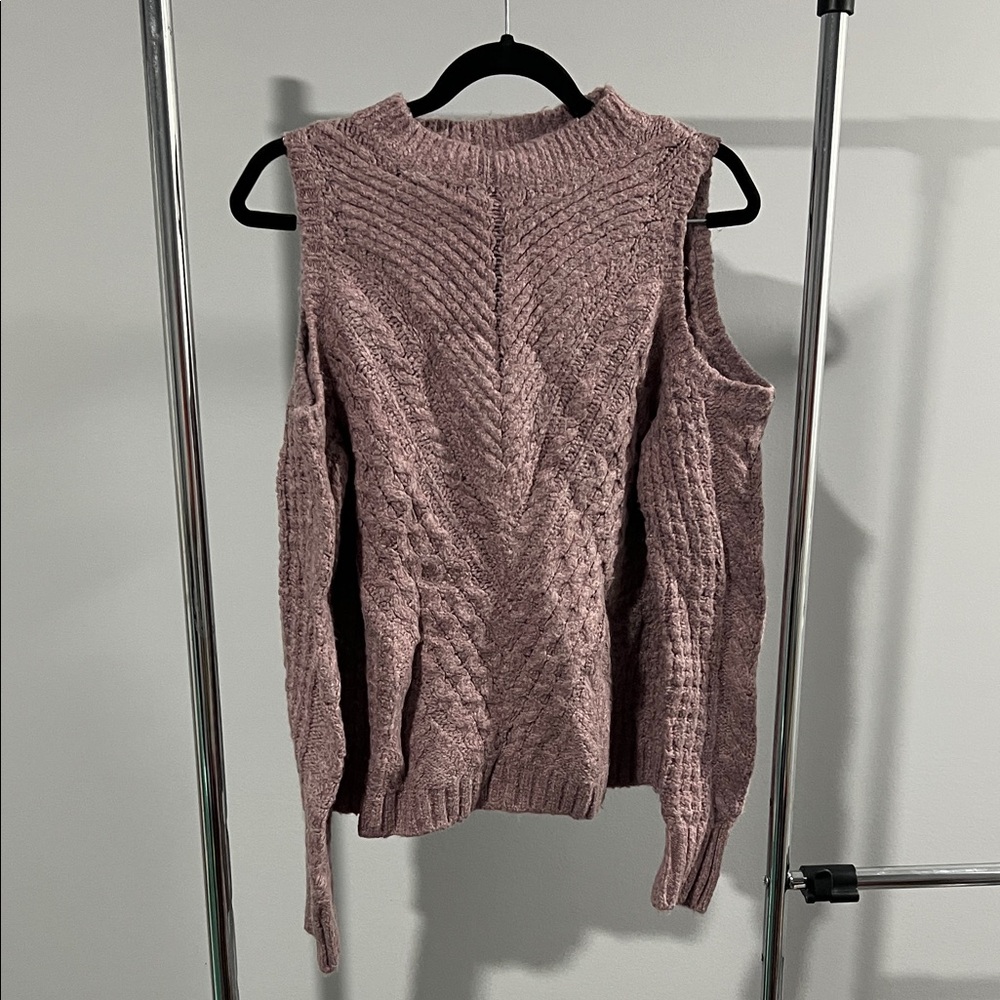 Express Women's Mauve Cable Knit Sweater with Shoulder Cutouts
